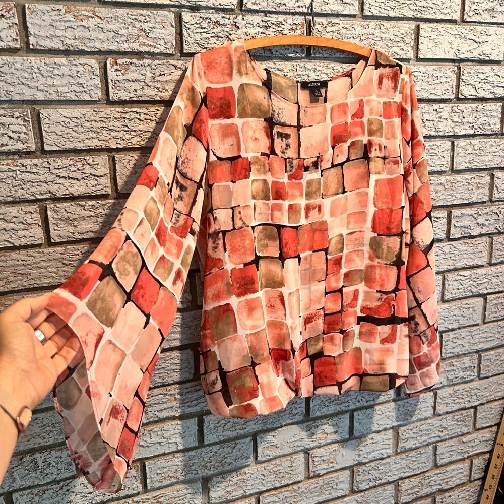 Alfani Womens Petite PL Orange Geometric Tile Print Bell Sleeve Bubble Blouse